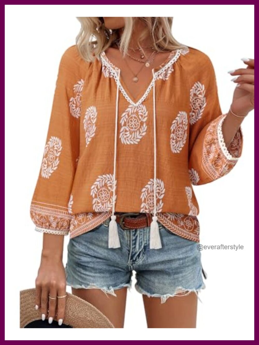 Womens Boho Floral Peasant Blouse V Neck 3/4 Lantern Sleeve Tie Front Top